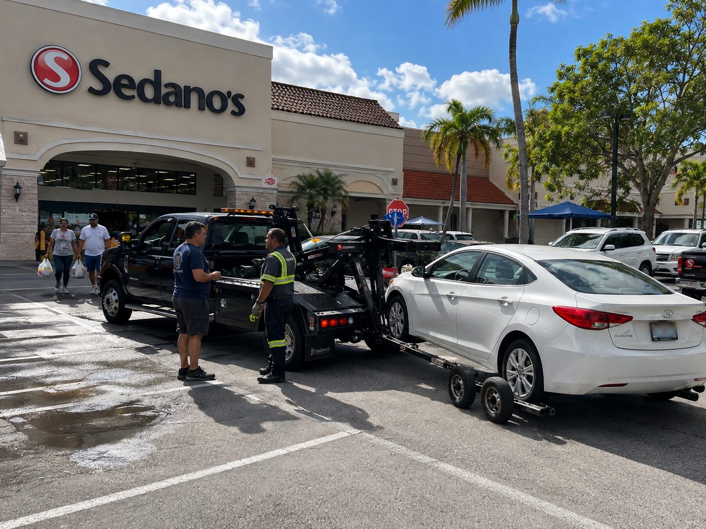 Tow truck operator assisting a customer with an SUV at dusk in a Miami-Dade parking lot.