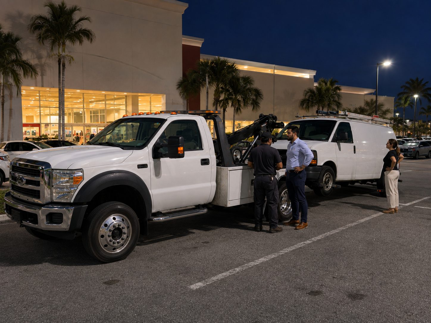 Tow truck crew loading a white sedan onto dollies outside a Miami-Dade grocery store.